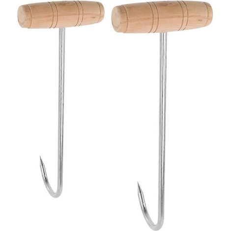Set Mit 2 T-förmigen Fleischhaken Aus Edelstahl Mit Holzgriffen – Metzgereibedarf – 20 X 10,5 X 7 Cm – Wie Abgebildet