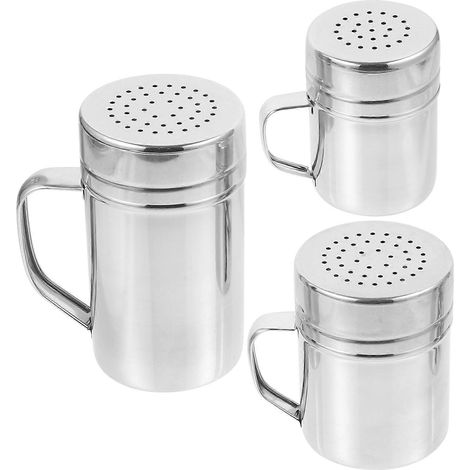 3-teiliges Set Aus Edelstahl-streuern Für Puderzucker, Kakao Und Mehl, Mit Deckel Und Griff. – 12,50 X 7,00 X 7,00 Cm