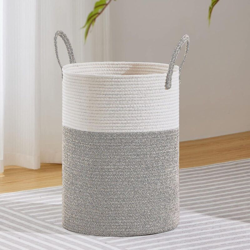 Großer, 58 Liter Fassender Wäschekorb Aus Geflochtenem Seil, Weiß Und Braun. Ideal Für Wohnzimmer, Badezimmer Oder Schlafzimmer.