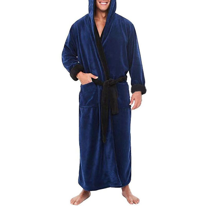 Langer Herren-bademantel, Morgenmantel, Kapuzenpyjama Aus Weichem Fleece – Größe 2xl – Dunkelblau/schwarz