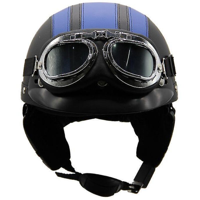 Leichter Sommer-motorradhelm Im Retro-harley-stil Aus Leder, Mit Schutzbrille, Trendiger Halbhelm, Für Elektrofahrzeuge, Schwarz Und Blau.
