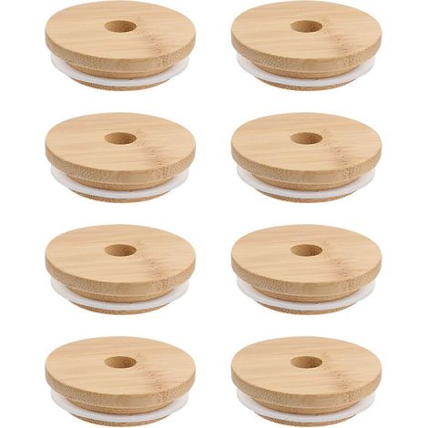8-teiliges Set Mit Tassen, Bechern, Gläsern, Robusten Deckeln Aus Holz Und Bambus Sowie Gummideckeln Für Gewürze (außendurchmesser 70 Mm). – 7 X 7 Cm – Khaki