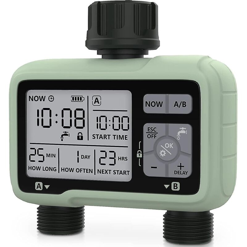 Automatisches Bewässerungssystem Mit Zeitschaltuhr Und 2 Ausgängen Für Rasen Und Garten. Wasserdicht (ipx5). Kindersicherung.