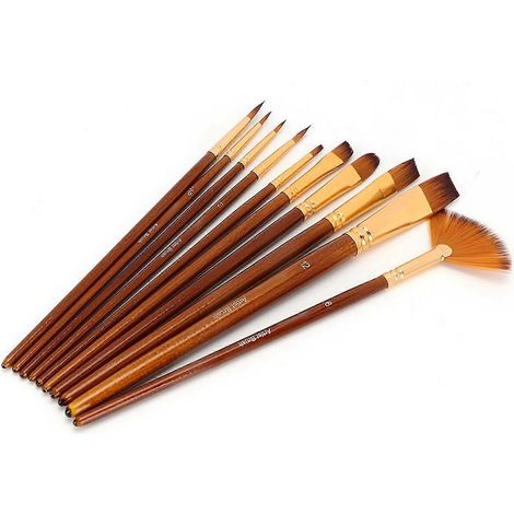 Set Mit 10 Verschieden Geformten Pinseln Aus Nylonborsten Für Aquarell- Und Acrylmalerei.