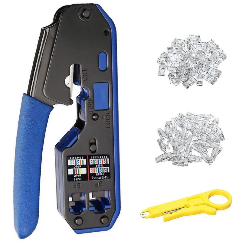 All-in-one Rj45 Crimpwerkzeug-set Mit Abisolierzange Und Steckerschneider Sowie 50 Cat6 Durchgangslochverbindern.
