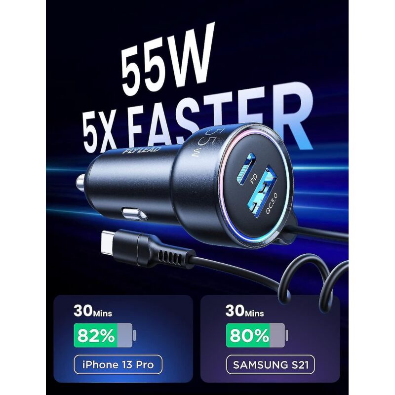 Usb-c-autoladegerät, 55-w-schnellladeadapter Mit 3 Anschlüssen, Kompatibel Mit Pd 3.0 Und Qc 3.0
