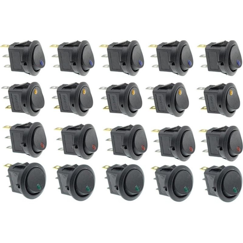 Packung Mit 20 Runden Led-wippschaltern (ein/aus) In Blau, Grün, Gelb Und Rot