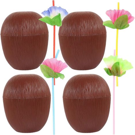 Set Mit 4 Kokosnussförmigen Bechern Und Strohhalmen Aus Kokosnussimitat, Ideal Für Eine Hawaii-party. – 12,50 X 10,50 X 10,50 Cm