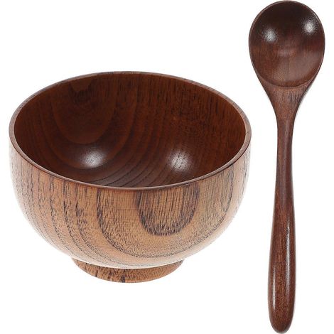 Set Aus 2 Holzschalen Und Löffeln, Umweltfreundliche Reisschale, Lebensmittelbehälter Für Restaurant Und Haushalt – 9,50 X 9,50 X 6,50 Cm