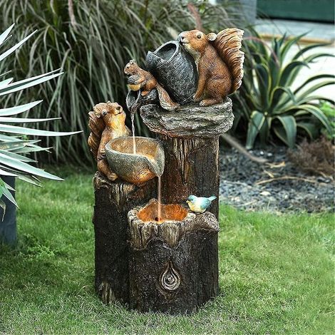 Solarbrunnen Mit Entenfamilie Aus Kunstharz, Entenbrunnenstatue, Gartendekoration, Außenbrunnen, Hofdekoration (ente-eichhörnchen)