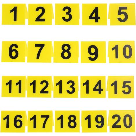Set Mit 20 Wiederverwendbaren, Nummerierten Acryl-tischmarkierungen (1–20) Für Restauranttische (zur Dokumentation). – 6,30 X 5,50 X 4,50 Cm – Gelb
