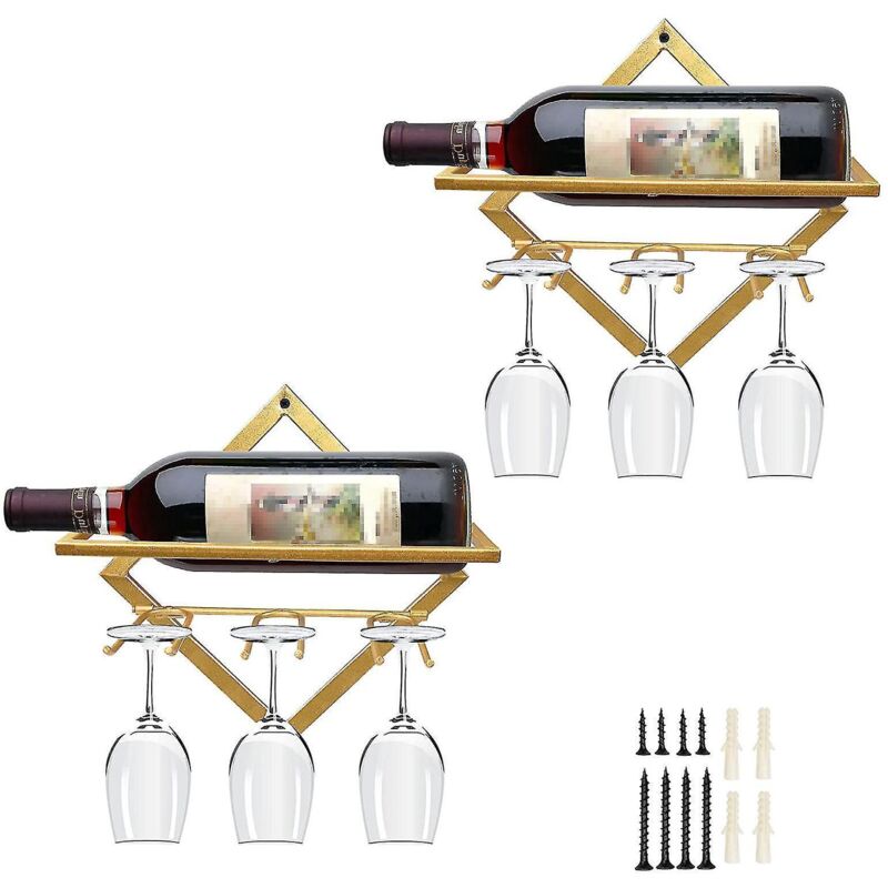 Set Aus 2 Wandregalen Für Weinflaschen Aus Metall, 26,7 X 26,7 Cm, Ideal Für Zuhause, Küche Oder Bar. Goldfarbener Weinglashalter.
