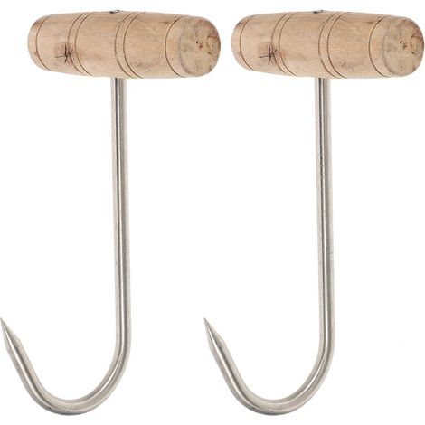 Set Aus 2 T-förmigen Fleischhaken Aus Edelstahl Mit Holzgriffen Zum Aufhängen Von Speck Und Fleisch. – 19 X 10,8 X 7,5 Cm