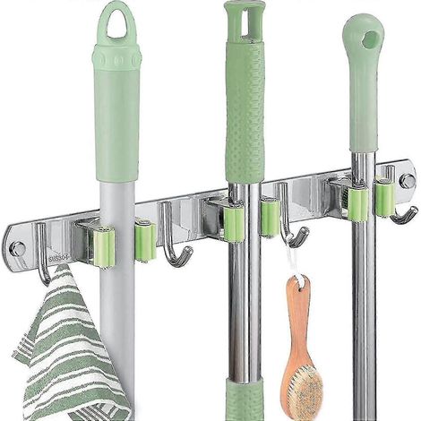 Wandmontierter Besenhalter Aus Edelstahl Mit 3 Klemmen Und 4 Haken, Wandregal Zur Aufbewahrung In Küche, Garten, Balkon Oder Garage.