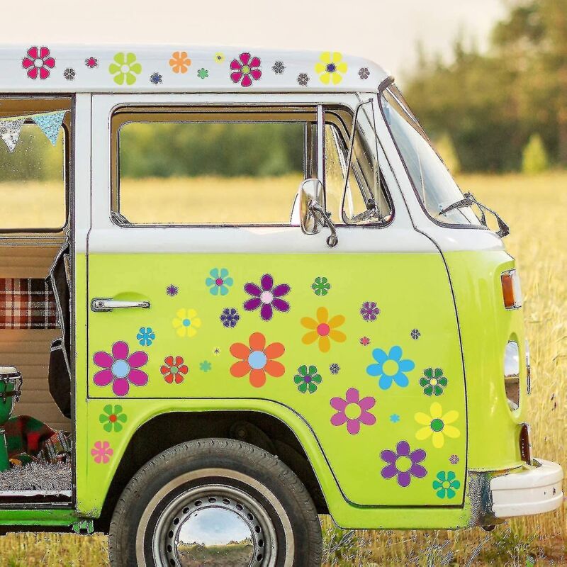 60 Blumen-autoaufkleber, 60er-jahre-hippie-thema, Mehrfarbige Gänseblümchen-vinylaufkleber, Bunte Retro-aufkleber.