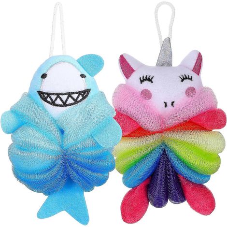 Set Mit 2 Peeling-duschschwämmen In Form Eines Hais Und Eines Einhorns Für Kinder