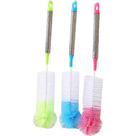 Set Aus 3 Flaschenbürsten Mit Langem Stiel, Flexiblen, Farbigen Rundköpfen Und Edelstahlgriffen Zur Reinigung Von Babyflaschen, Bechern Und Weinflaschen. – 34,50 X 5,00 X 5,00 Cm