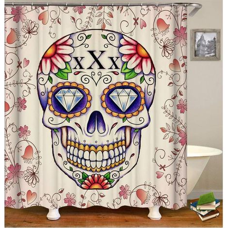90 X 180 Cm Großer, 3d-gedruckter Duschvorhang, Schimmelresistent, Wasserdicht, Mit Blumen- Und Totenkopfmotiv Für Badewanne Und Badezimmer