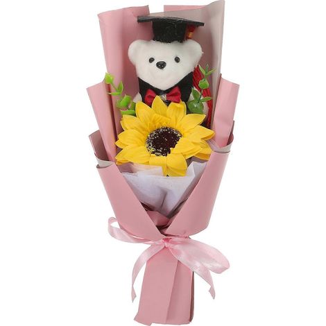 Blumenstrauß In Form Eines Teddybären Zum Schulabschluss, Sonnenblumenstrauß, Blumendekoration Zum Schulabschluss – 28,00 X 12,00 X 9,00 Cm – Rosa