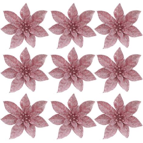 Set Mit 9 Künstlichen Weihnachtsblumen Zur Dekoration Ihres Weihnachtsbaums. – 14 X 14 X 3 Cm – Rosa