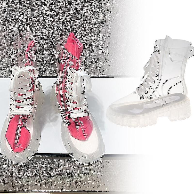 Transparente, Wasserdichte Damen-plateaustiefel, Durchsichtige Schnür-regenschuhe – Größe 37 – Rosa