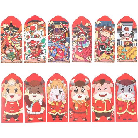 Set Mit 12 Dicken Geldbeuteln Für 2021, 3d-cartoon-design, Rot, Für Neujahr – 16,4 X 8,9 Cm
