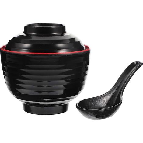 Japanische Miso-suppenschale Mit Löffel, Japanische Reisschale, Miso-suppenschale Mit Deckel – 10,00 X 10,00 X 9,50 Cm – Schwarz