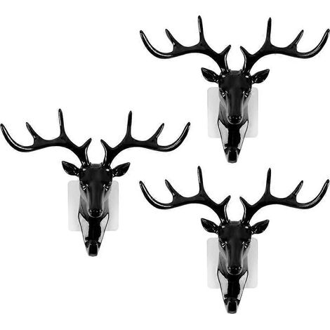 Set Mit 3 Dekorativen Hirschkopfhaken Mit Geweih Für Kleidung, Mäntel Und Hüte, Für Zuhause Und Badezimmer (schwarz) – 18,5 X 17 Cm – Schwarz