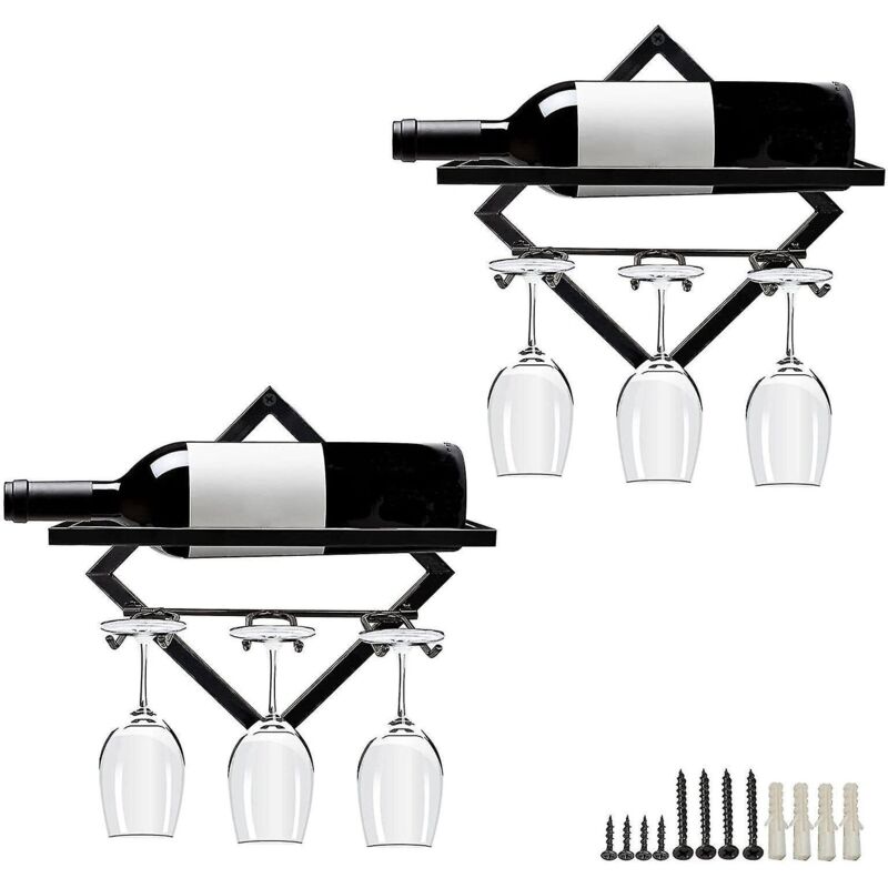 2er-set Wandregale Aus Metall Für Weinflaschen, 26,7 X 26,7 Cm, Für Zuhause, Küche Oder Bar – Inklusive Weinglashalter – Schwarz