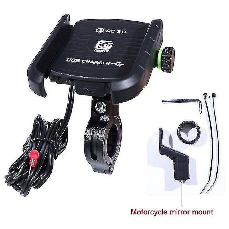 Wasserdichter Motorradlenker-handyhalter Mit 360°-rückspiegel Und Qc 3.0 Usb-ladegerät Für Smartphones (schwarz)