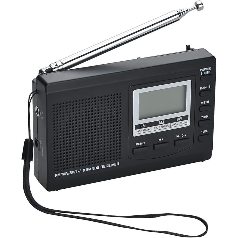 Tragbarer 9-band-radioempfänger Mit Lautsprecher Und Kopfhörern, 12/24-stunden-zeitanzeige, Hintergrundbeleuchtung, Wecker Und Hervorragendem Empfang