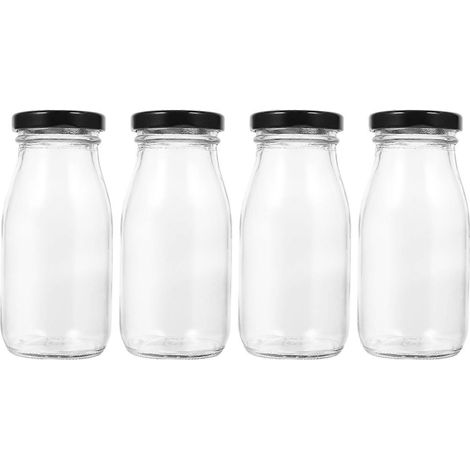 Set Mit 4 Glasmilchflaschen (250 Ml) Mit Deckel Für Den Kühlschrank. – 13,80 X 5,00 X 5,00 Cm – Transparent