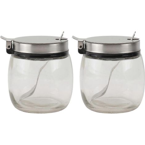 Set Aus 2 Runden Gewürzgläsern Aus Glas Mit Deckel Und Edelstahllöffel.