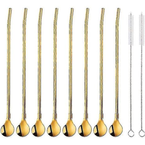 Set Mit 8 Wiederverwendbaren Edelstahl-strohhalmen Und -löffeln Inklusive 2 Reinigungsbürsten. Goldfarbener Strohhalm-löffel Für Cocktails Und Latte Macchiatos Mit Langem, Dünnem Griff (21,5 Cm).