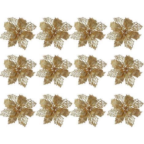 12 Glitzernde Weihnachtssterne, Hohle Künstliche Blumen, Weihnachtsbaumschmuck (gold) – 14,5 X 14,5 Cm – Gold