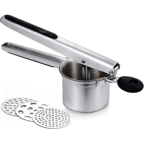 Kartoffelstampfer Aus Edelstahl – Gemüsemühle Mit 3 Austauschbaren Scheiben – Manueller Kartoffelschneider Mit Großem Fassungsvermögen (29,5 X 9 X 11,5 Cm)