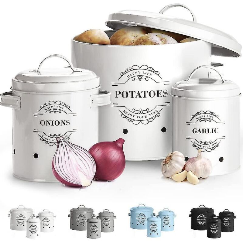 3-teiliges Set Aus Metall-vorratsdosen Für Knoblauch Und Zwiebeln, Inklusive Kartoffelkörben, Zwiebeltopf Und Knoblauchglas. Belüftete Metall-vorratsdosen.