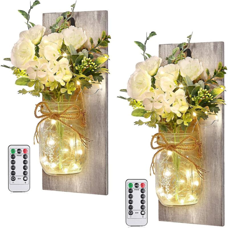 2er-set Led-wandleuchten Im Einmachglas-design Mit Künstlichen Weißen Rosen – Wanddekoration Mit Timer Und Fernbedienung Für Wohn- Und Schlafzimmer