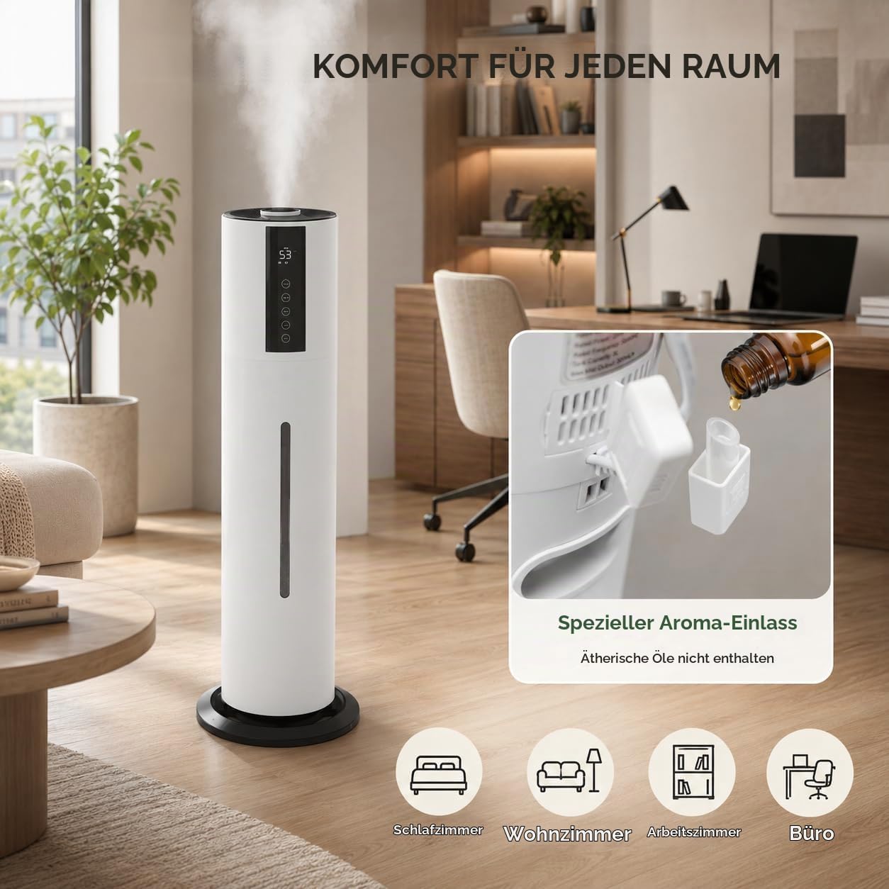 Luftbefeuchter 8l Mit Fernbedienung, Raumluftbefeuchter Mit 3 Nebelstufen, 360° Verstellbar, 12h Timer, Leise 35db Für Schlafzimmer & Büro, Inkl. Led-display & Aromafunktion