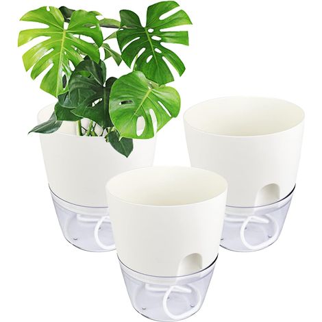 3-teiliges Set Weißer Blumentöpfe, 15,3 Cm Breit, Automatisch Mit Selbstbewässerungssystem, Transparent Mit Dochtsystem Für Balkone Und Innenräume