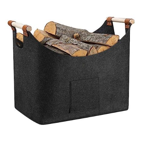 Filz-holzkorb – 13 Kg Tragkraft – Maße 45 X 32 X 40 Cm – Holzgriff Mit Lederbezug – Brennholzaufbewahrung