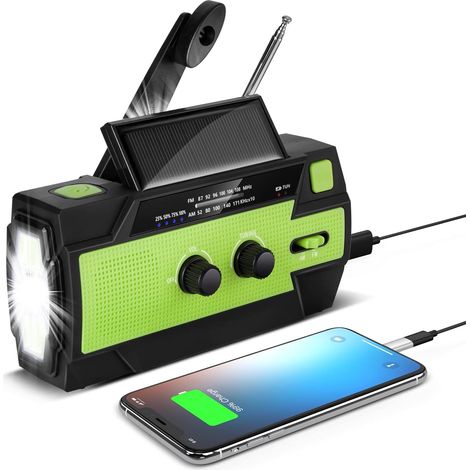 Tragbares, Solarbetriebenes Kurbelradio – 4000-mah-akku – 4 Taschenlampenmodi – Sos-alarm – Usb- Und Solarladung – Am/fm/wb