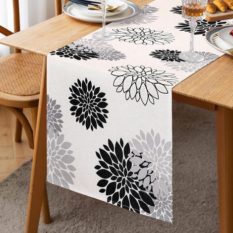 Schwarzer Und Grauer Tischläufer Aus Leinen Mit Dahlienmuster, 33 X 183 Cm, Moderner Und Ansprechender Landhausstil Mit Blumenmuster, Tischdekoration, Frühlings- Und Sommerdeko