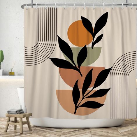 180 X 180 Cm Großer Duschvorhang Im Boho-stil, Modernes Abstraktes Boho-design Mit Schwarzen Blättern, Orangefarbenem Sonnenmuster Und Khakifarbenen Streifen, Waschbarer, Wasserdichter Textil-badevorh