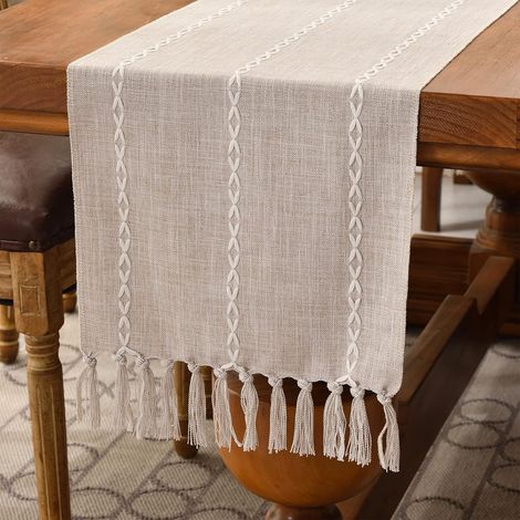 Tischläufer Im Landhausstil, 180 Cm, Aus Baumwoll-leinen-mischgewebe, Mit Handgefertigten Quasten, Für Partys Und Esszimmerdekorationen (helles Café-design, 180 Cm)