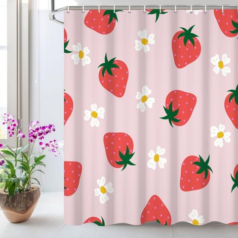 Bezaubernder Duschvorhang Fürs Badezimmer, Niedliches Rosa Erdbeer- Und Fruchtmuster, Erdbeer- Und Blumendesign, 180 X 180 Cm