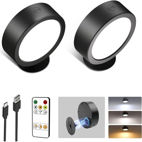 Wiederaufladbare Kabellose Wandleuchte Für Den Innenbereich, 3200 Mah, Dimmbare Led Mit 12 Farbmodi, 360°-drehung Und Touch-tasten Für Wohnzimmer, Schlafzimmer, Nachttisch, Flur, Schwarz (2 Stück)