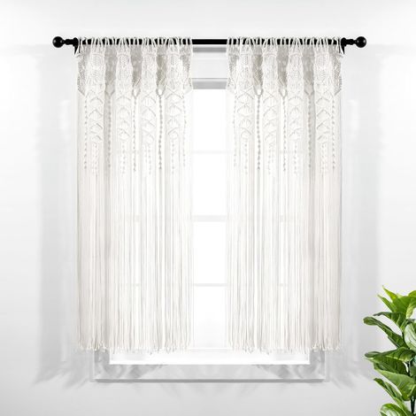 Fenstervorhang Aus Baumwolle Mit Makramee-muster Im Boho-stil, Einteilig, 101,6 Cm Breit X 160 Cm Lang, Weiß
