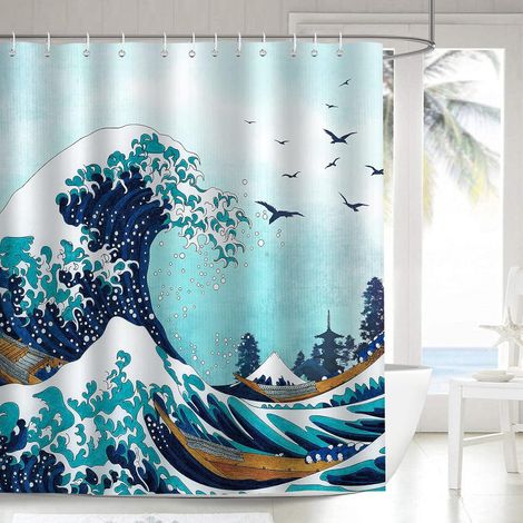 Kanagawa Japanischer Wellen-duschvorhang, 180 X 180 Cm, Polyestergewebe, Schimmelresistent, Wasserdicht, Waschbar, Badezimmervorhang Mit 12 Haken Für Badewanne