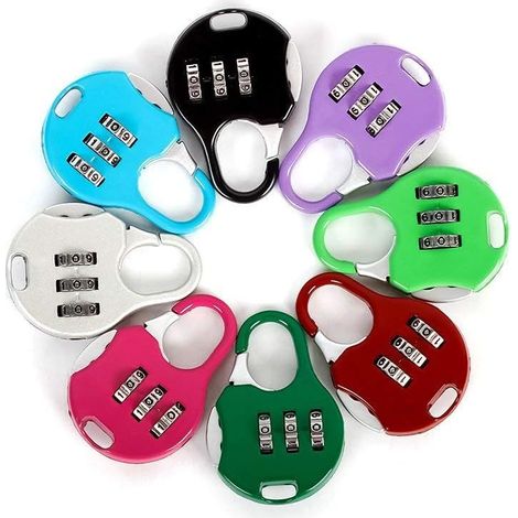 Set Mit 7 Mini-vorhängeschlössern Mit 3-stelligem, Zurücksetzbarem Zahlencode Für Reisegepäck. Verschiedene Farben.
